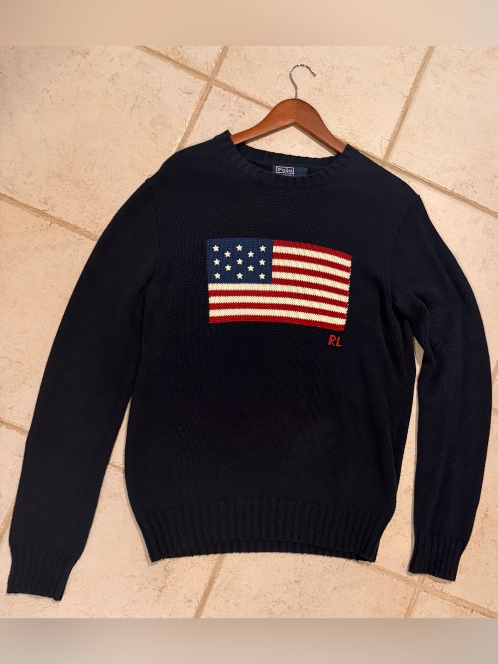 Polo by Ralph Lauren Navy Crewneck Sweater with American Flag